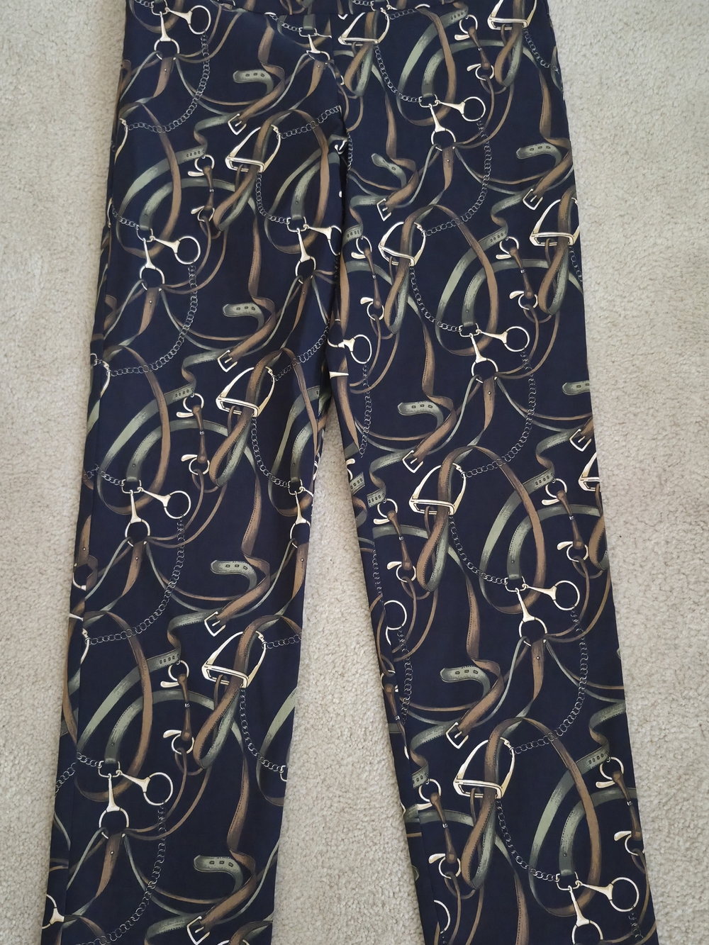 Straight-Leg Women’s Pants with Equestrian Chain & Bridle Print — Black/Brown